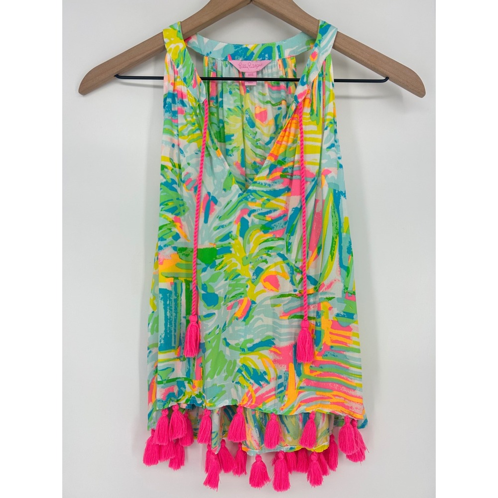 Lilly Pulitzer Roxi Beach Top Multi Sea Salt and Sun W/Tassel Trim XXS Rayon